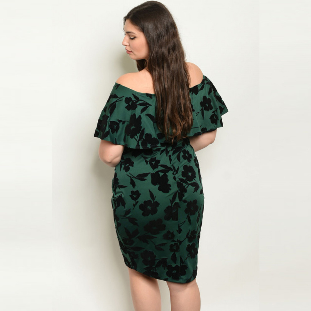 486 ❤️ 3X Plus Size Green Floral Off Shoulder Ruffle Dress - Picture 4 of 4